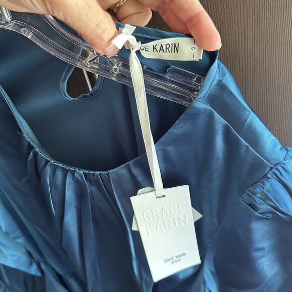 Grace Karin Women's Tied Front Long Sleeve Blue Midi Blouson‎ Dress Small NWT - Picture 7 of 9